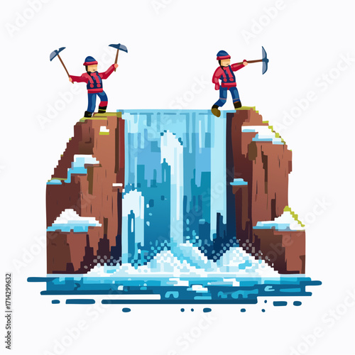 Two explorers on a snowy mountain peak with ice axes preparing to hike down a frozen waterfall in a pixelated landscape
