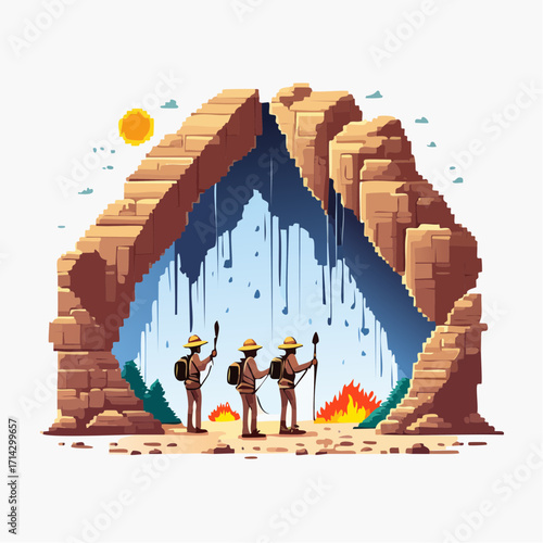 Pixel art scene of a team on a challenging hiking adventure, discovering a vast cavern with a waterfall and campfire