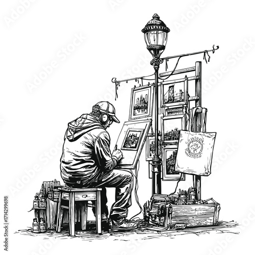 Hand-Drawn Engraving of Artist Creating Artwork on Street Corner
