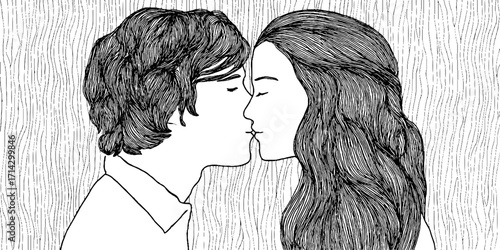 Black and white line art of romantic couple in intimate pose