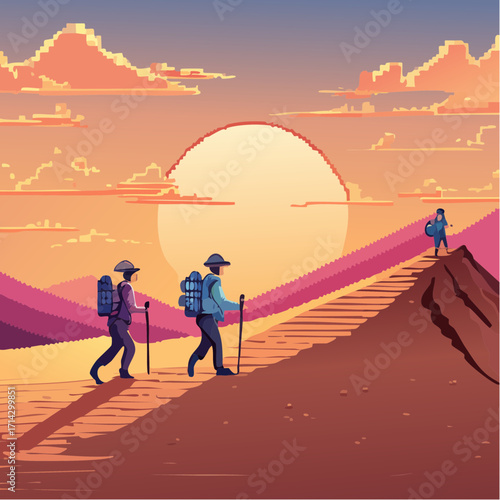 A family hiking adventure in a vibrant pixel art landscape, trekking up a mountain path towards the glowing sunset