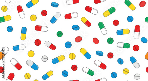 Colorful Medical Pills and Capsules Seamless Pattern Background.