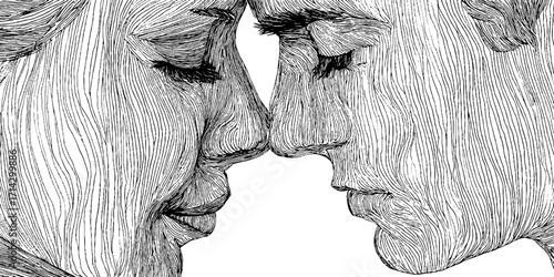 Intimate line art illustration of a couple in black and white