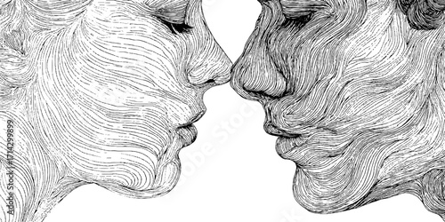 Elegant black and white line art of a couple's intimate pose for romantic design