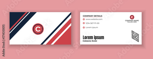 Modern Corporate Business Card Template Design, Professional Visiting Card Layout with Red, Navy Blue, and White Abstract Lines, Editable Branding Identity Mockup with QR Code and Company Details, Cre