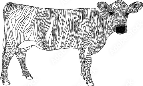 Stylized black and white line art of a cow for decorative use