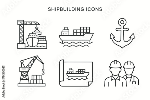 Shipbuilding Icons Set – Linear Maritime Industry Symbols for Vessel Construction and Dockyard Engineering