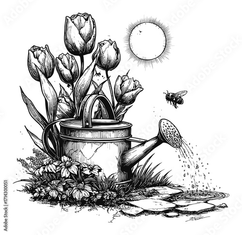 Hand-Drawn Engraving of Watering Can with Tulips, Sun, and Bee