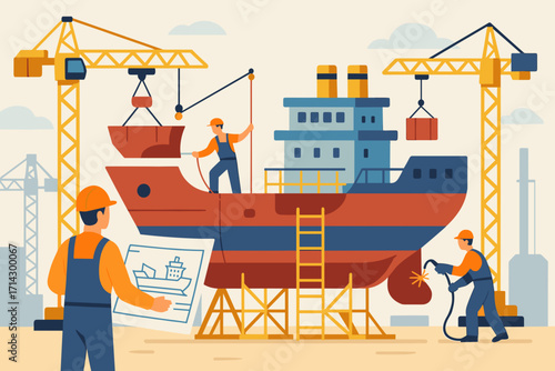 Shipbuilding Illustration – Workers Constructing Cargo Vessel at Dockyard with Cranes