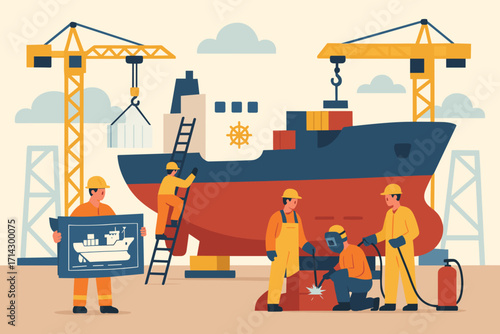 Shipbuilding Illustration – Workers Constructing Cargo Vessel at Dockyard with Cranes