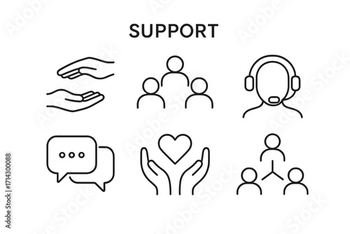 Support Icons Set – Customer Service, Teamwork, Help and Care Line Symbols