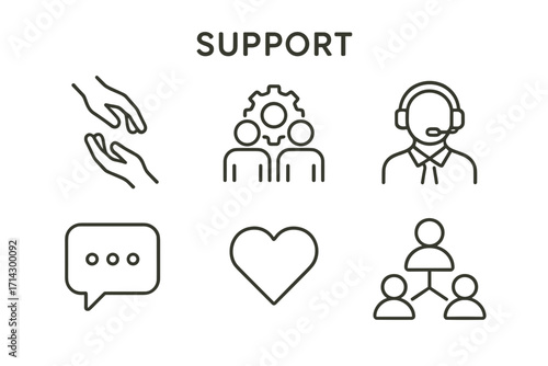 Support Icons Set – Customer Service, Teamwork, Help and Care Line Symbols