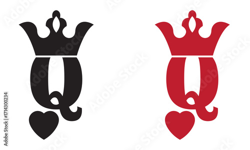 Queen of hearts card symbol vector . Queen playing card symbol in black and red. Two stylized queen playing card icons in black and red colors, featuring crown, letter Q, and heart suit symbol below.
