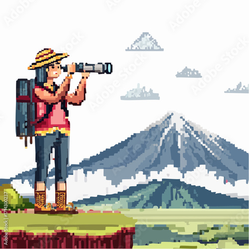 A pixel art character embarks on an inspiring hiking journey, using a spyglass to observe distant majestic mountains and serene natural landscapes