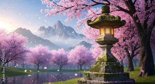 Serene Sakura Garden Lantern Sunrise.