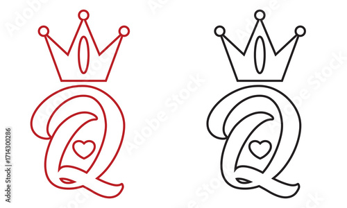 Queen of hearts card symbol vector . Queen playing card symbol in black and red. Two stylized queen playing card icons in black and red colors, featuring crown, letter Q, and heart suit symbol below.
