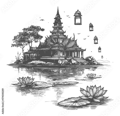 Serene Hand-Drawn Engraving of Asian Temple Surrounded by Nature