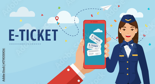 A horizontal banner illustration advertising "E-TICKET" services, vector illustration design