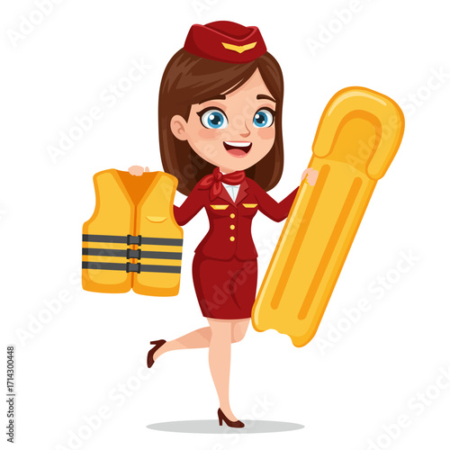 a cheerful female flight attendant holding a life vest in her left hand and a inflatable slide,vector illustration