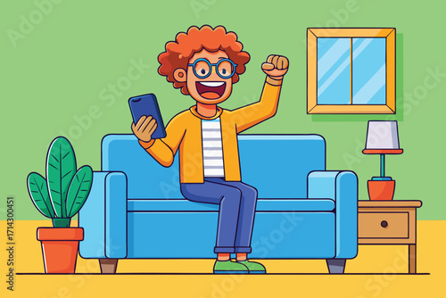Excited person celebrating success with phone on couch in cheerful living room