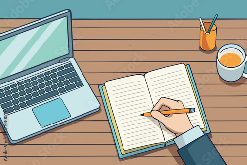 Focused professional taking notes at desk with laptop and coffee, planning ahead