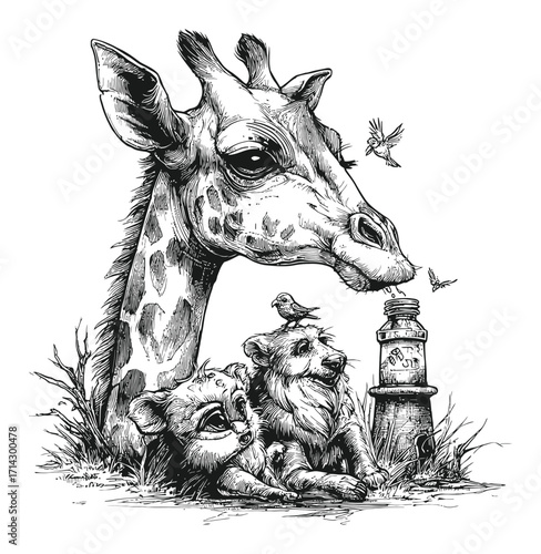 Detailed Engraving of Giraffe and Lion Cubs in Hand-Drawn Style