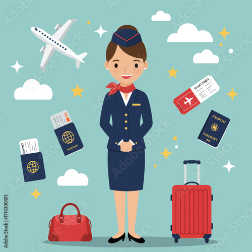 A cheerful flight attendant with a neat bun, vector illustration