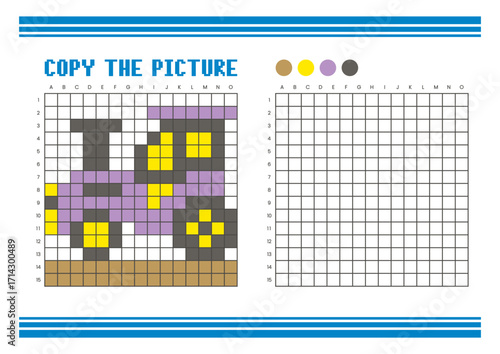 Copy the picture grid drawing worksheet for kids. Pixel art tractor