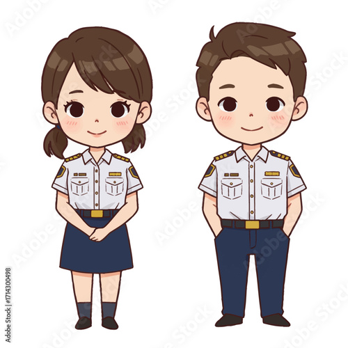 Chibi style design vector illustrations featuring a male and female flight attendant