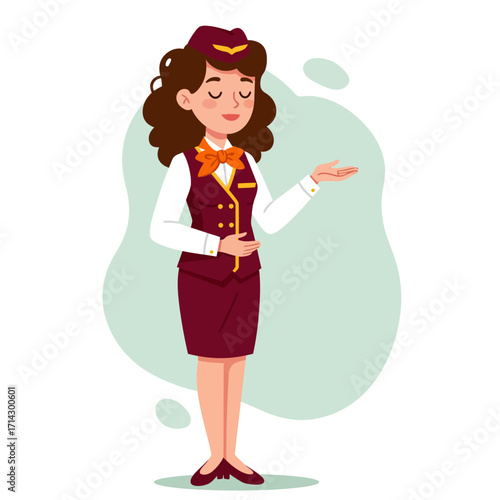 A charming flat design vector illustration of a female flight attendant with curly brown hair