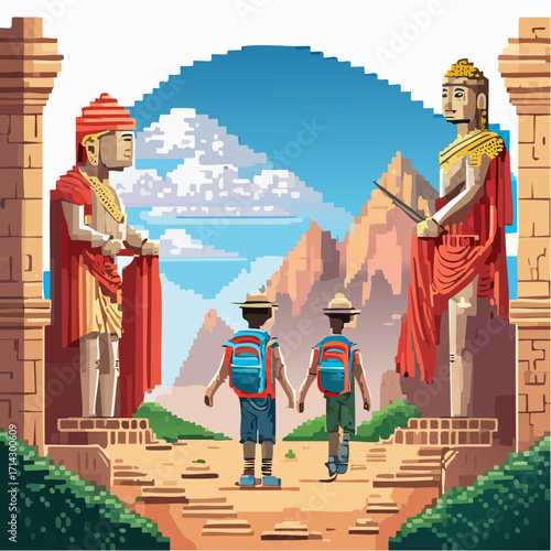 Pixel art style illustration of two children hiking through ancient ruins with sandstone statues and mountains in the background