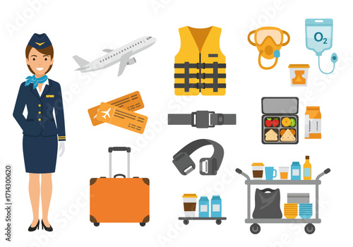 A vibrant and comprehensive flat design vector illustration depicting various elements related to air travel