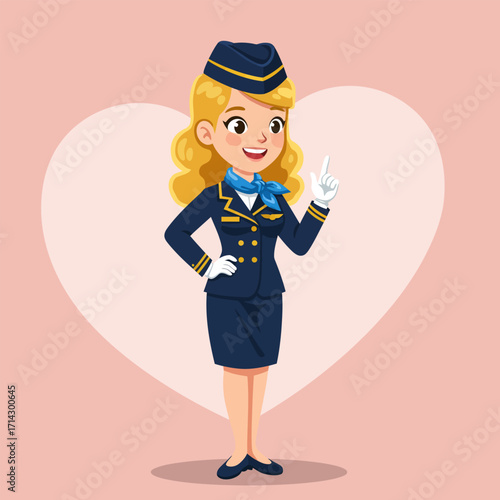 A friendly and engaging of a female flight attendant with blonde, shoulder-length wavy hair