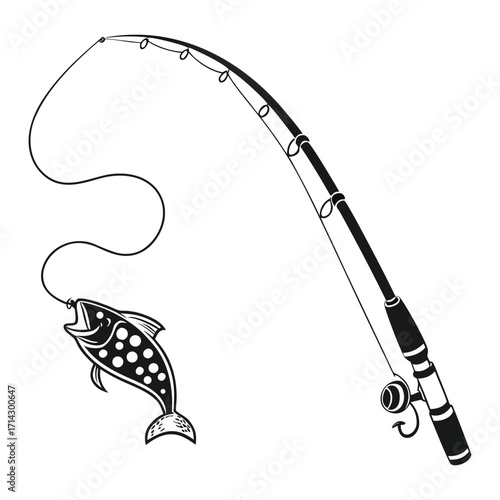 Vector illustration of a black metal fishing rod and a fish symbol