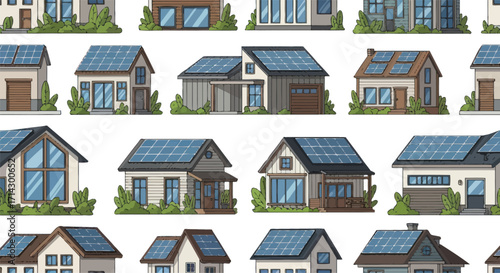 Collection of Houses with Solar Panels on Roofs.