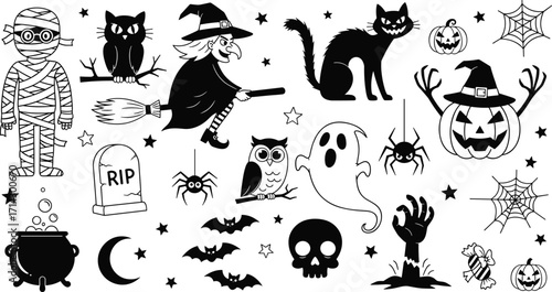 Black and White Halloween Vector Set with Witch, Ghost, Pumpkin, Mummy, Bats, Cats, Cauldron, Grave, Skull, and Spider Webs