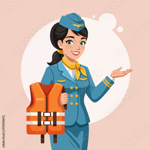 Vector illustration of a friendly female flight attendant holding life vest