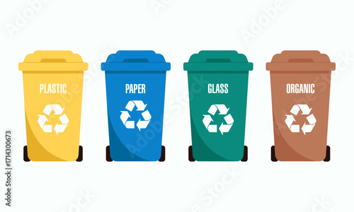 Flat vector illustration of four recycling bins in different colors for plastic, paper, glass and organic waste. Waste sorting and recycling concept, eco-friendly design.