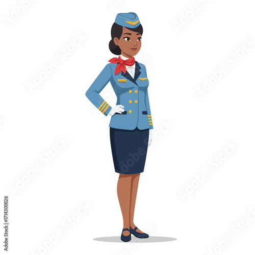 A full-body flat design vector illustration of a confident female flight attendant