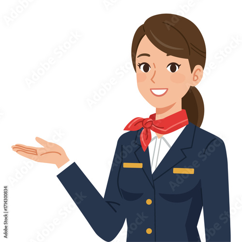 A warm and welcoming flat design vector illustration of a female flight attendant