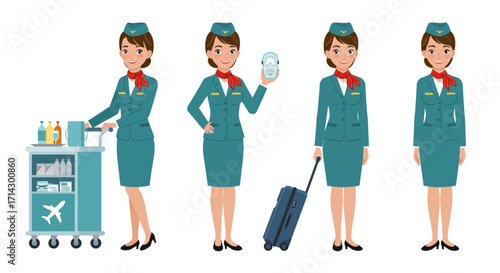 A detailed flat design vector illustration depicting a sequence of four different poses of a female flight attendant