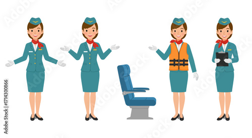 A detailed flat design vector illustration depicting a sequence of four different poses of a female flight attendant