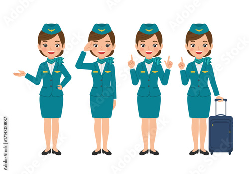 a cheerful female flight attendant with brown hair pulled back