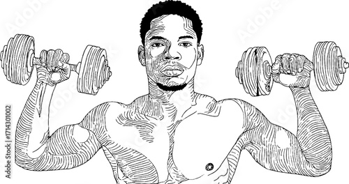 Black and white line art of man lifting dumbbells in strength training concept
