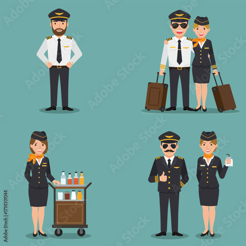 A various airline crew members in different poses, vector illustration design