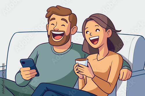 Joyful couple laughing together on couch, enjoying shared moment with phone and coffee
