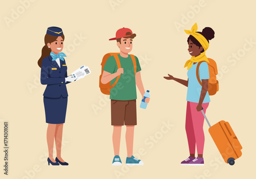 A flight attendant and two travelers, vector illustration design