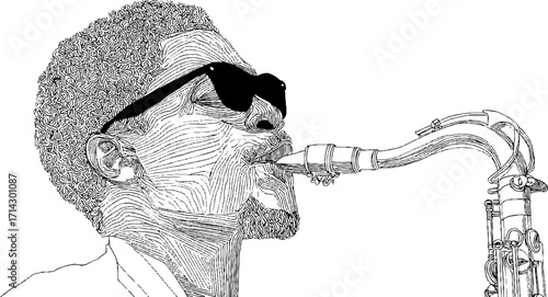 Expressive black and white line art of saxophone player in profile view for music design