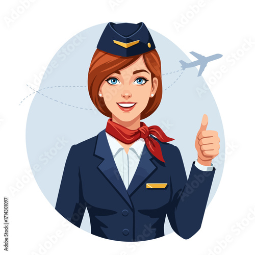 A friendly flat design vector illustration of a female flight attendant