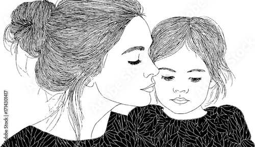 Mother and child in black and white line art - emotional bond depiction for wall art or gift